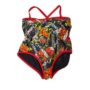 XOXO Retro Tattoo Sparrow Print Plus Size Adjustable One Piece Swim Suit 3X